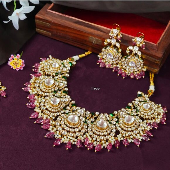 Jadau Kundan Polki Necklace Set with Pink Drop Pearls & Green Accents - Picture 1 of 4